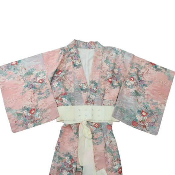 Japanese Mid-Century Kimono Floral Pink‎ Dress OS - Picture 8 of 9